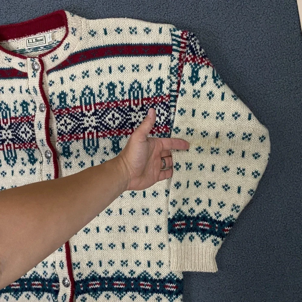 Vintage LL Bean Sweater Womens Large Fair Isle Nordic Cardigan Wool USA Made - Picture 4 of 12